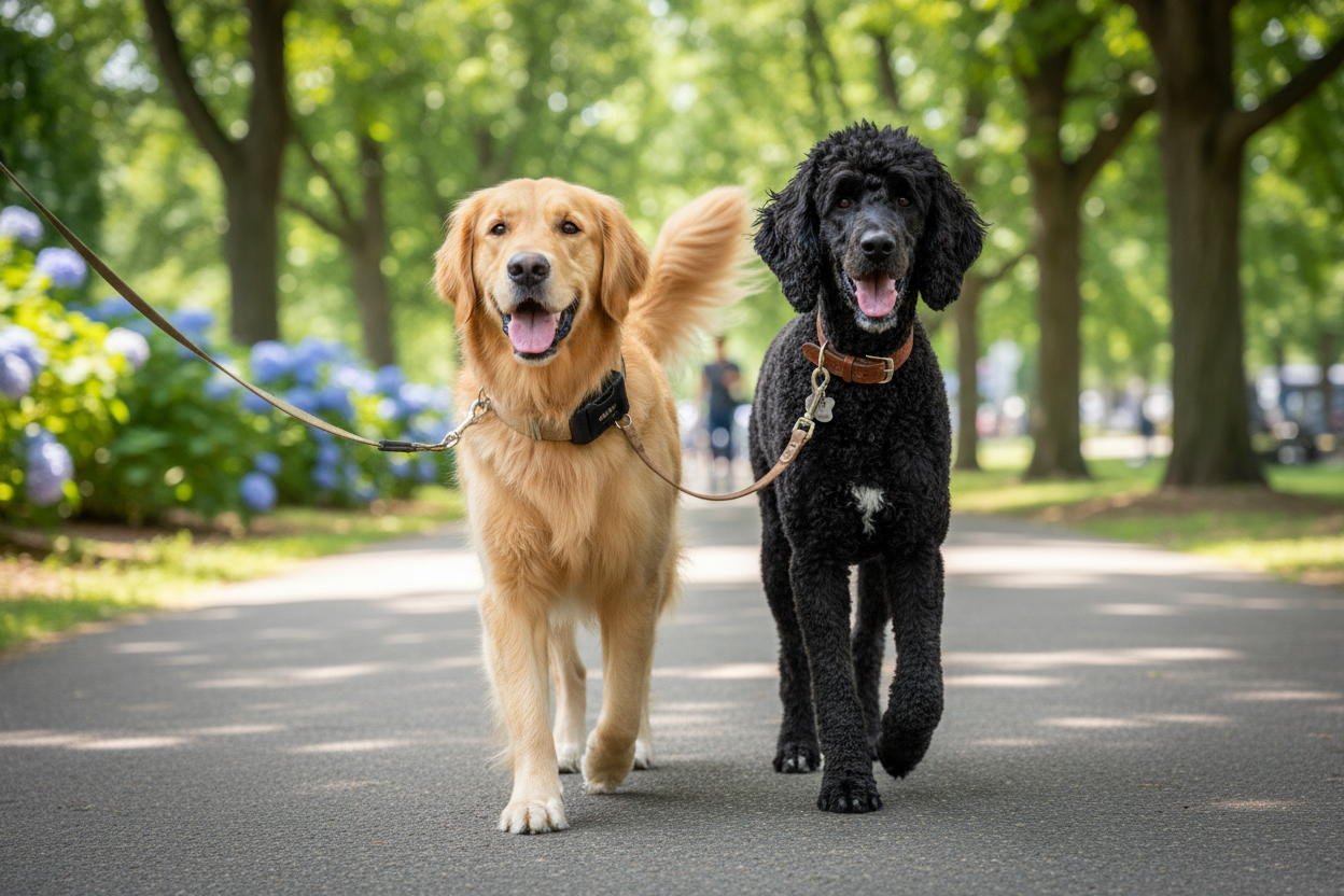 dans cette collection, génère moi une image 2 chiens de race différentes portant  collier électrique  et collier classique en promenade