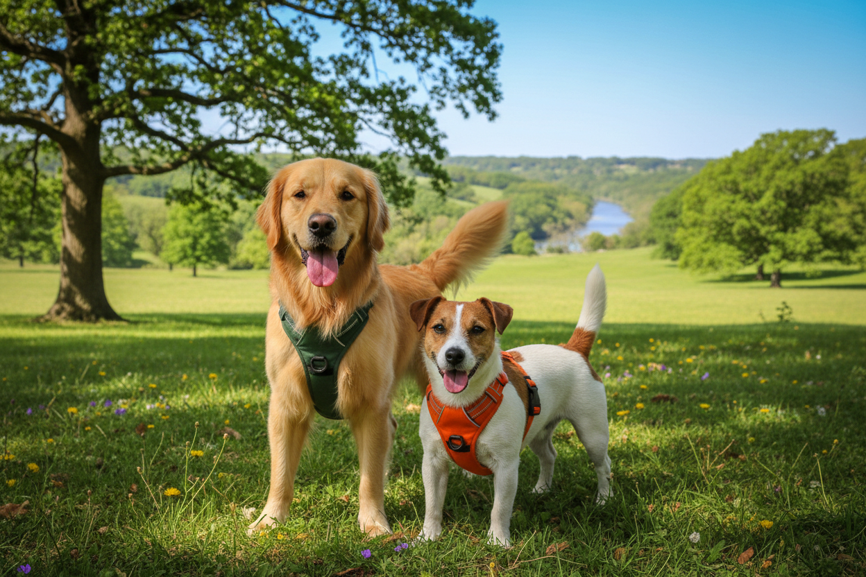 dans cette collection, génère moi une image chien grand et petit portant harnais  en plein air
