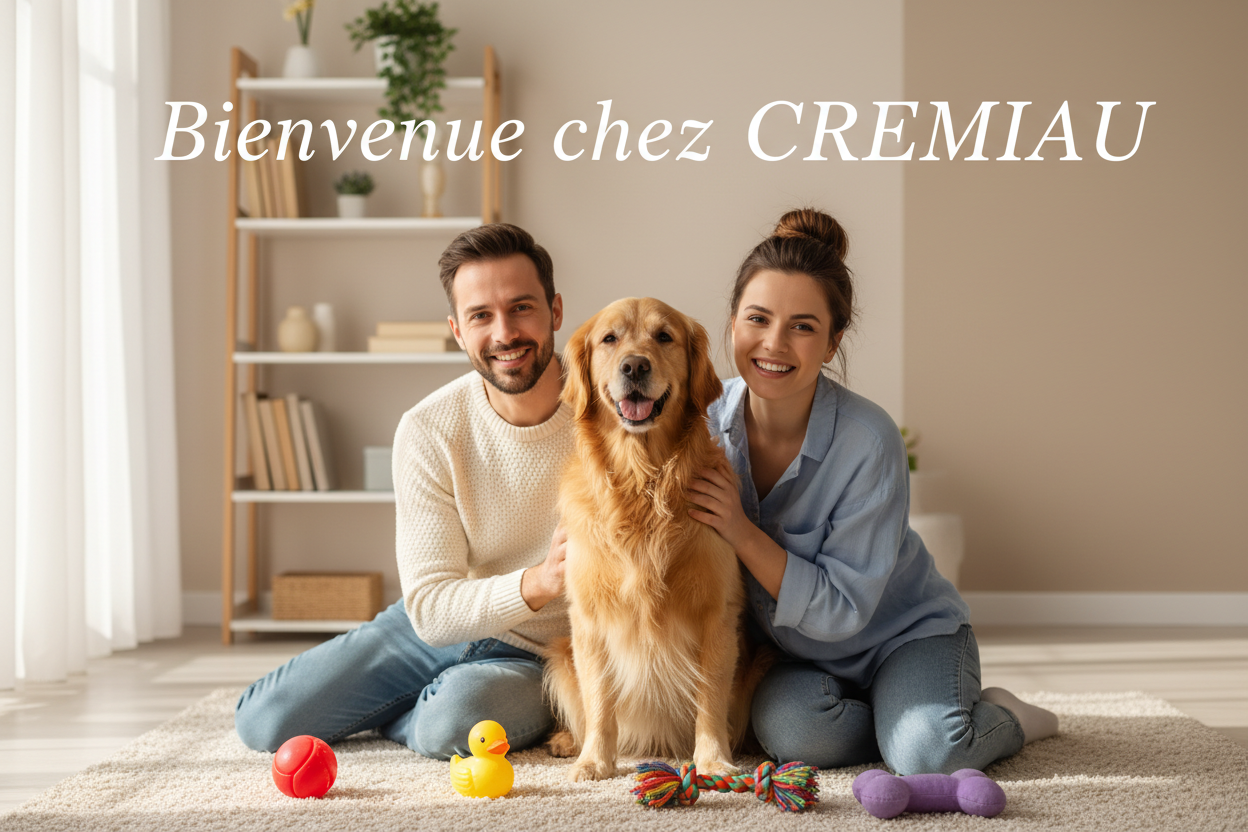 Génère moi une image pour ma page "à propos". je veux une Image de chien de race avec un homme et une femme avec des jouets. Derrière l'image, je veux écrire "Bienvenue chez CREMIAU" en texte blanc