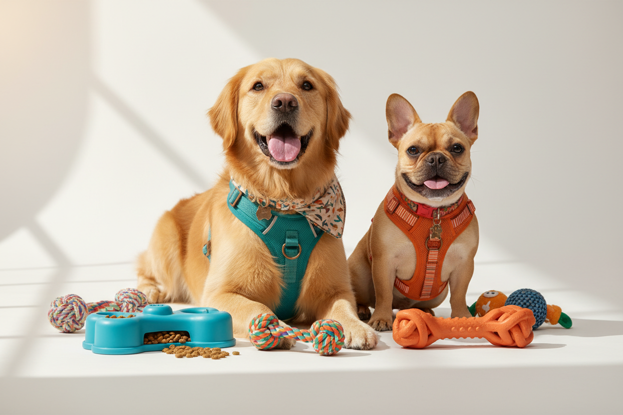 je gravite dans la niche d'articles pour chien, je vend des jouets interactifs, des colliers et harnais pour chien. génère moi une image avec 1 grand chien et un petit chien de race différente pour ma bannière par rapport à ces éléments