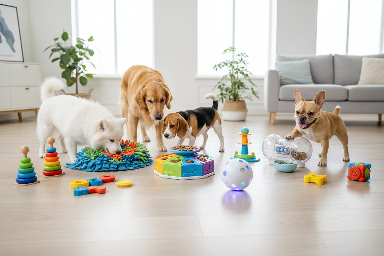 je gravite dans la niche de jouets interactifs pour chien. génère moi une image pour ma collection "Innovations ludiques"  dans cette collection, je vais mettre des jeux qui transforment le jeu en apprentissage. je souhaite une image sans texte